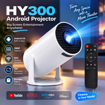 HY300 Android Smart Mini Projector – 720P Portable WiFi & Bluetooth Projector with 180° Rotation, Auto Keystone Correction, 130" Screen & Built-in Apps